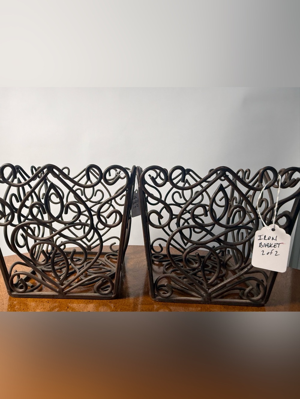 Set of 2 Ornate Decorative Iron Baskets - Dark Brown